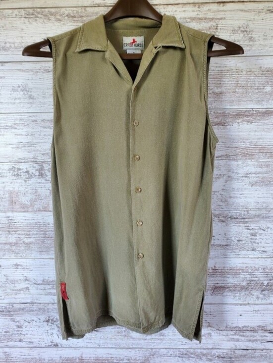 Crazy Horse By Liz Claiborne Tops - Vintage Crazy Horse Olive Green Sleeveless Button Down Safari Utility Shirt Top